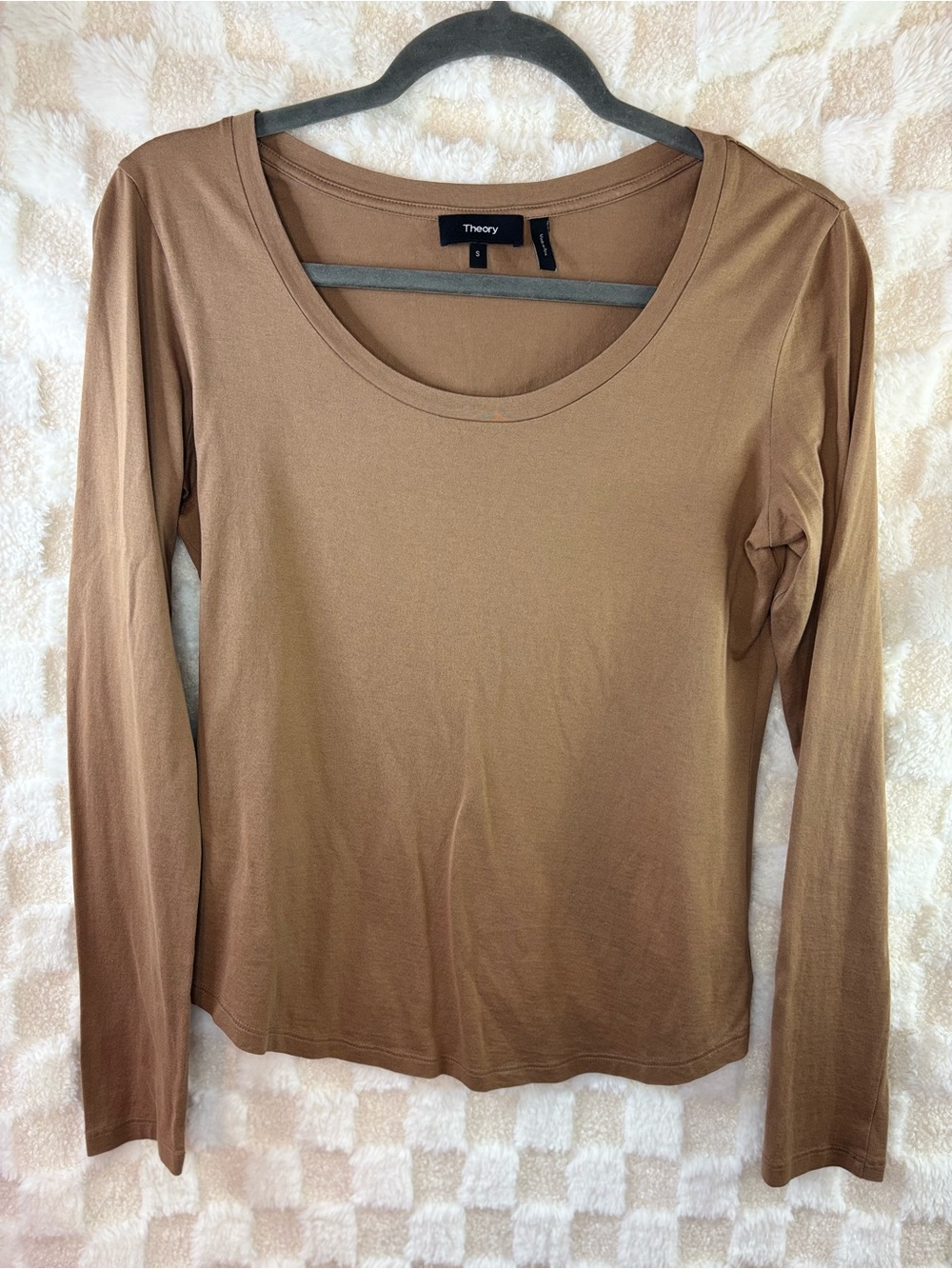 Theory Long Sleeve Scoop Neck Top in Warm Brown
